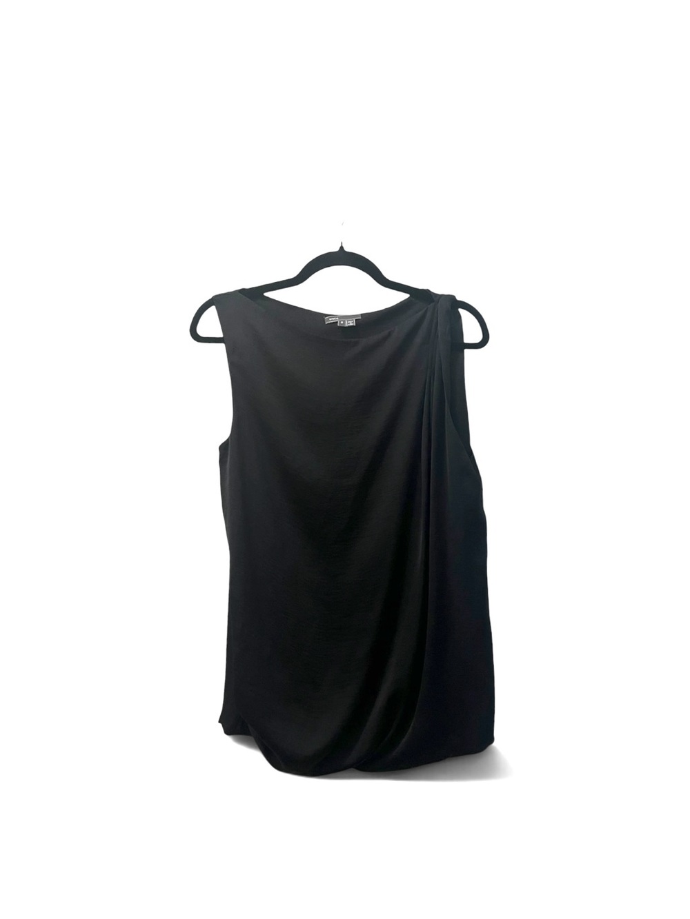 VINCE Crepe Draped Shoulder Sleeveless Bubble Hem Black Top, 8
